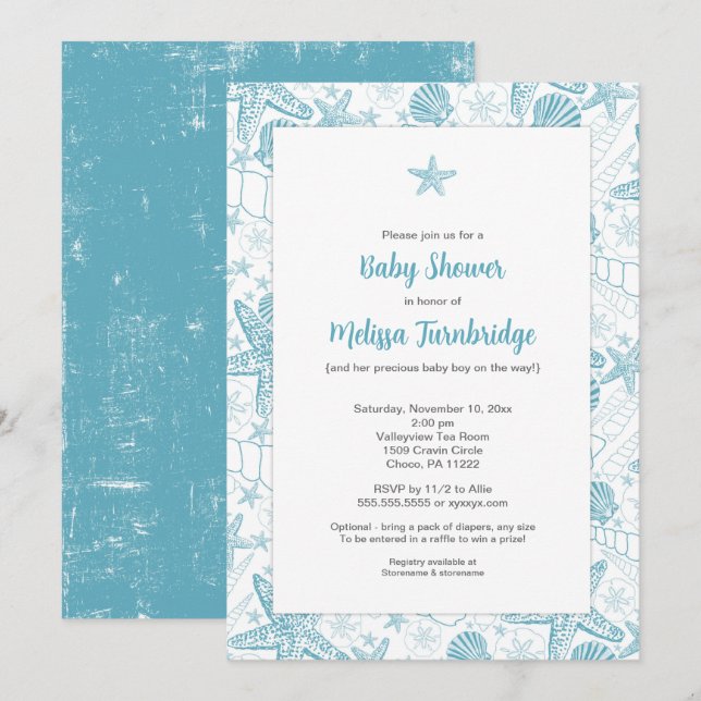 Blue Sea Shells Starfish boy baby shower invite (Front/Back)