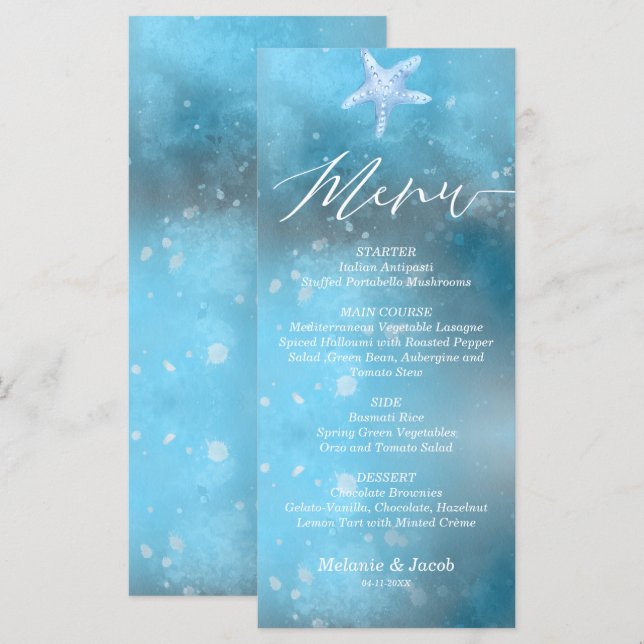 Blue Sea Summer Wedding Flat Menu Card (Front/Back)