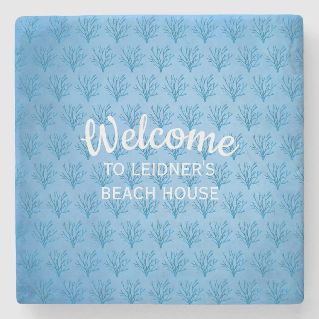 Blue sea tree corals pattern on blue background stone coaster (Front)