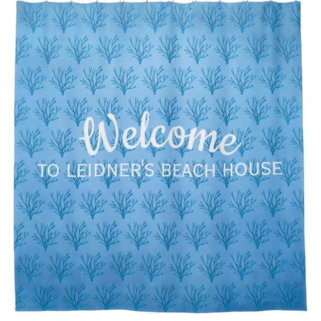 Blue sea tree corals pattern on blue shower curtain (Front)