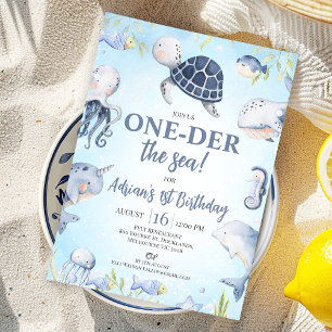 Blue Sea Turtle One-der The Sea 1st Birthday Invitation