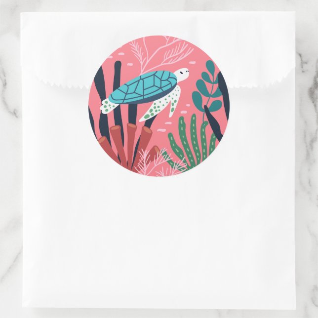 Blue Sea Turtle Under the Ocean Fern Botanicals Classic Round Sticker (Bag)