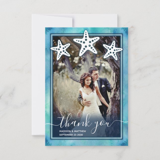 Blue Sea Watercolor Wedding Thank You Card (Front)