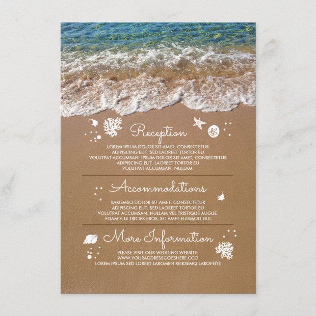 Blue Sea Waves and Sand Beach Wedding Information Enclosure Card (Front)