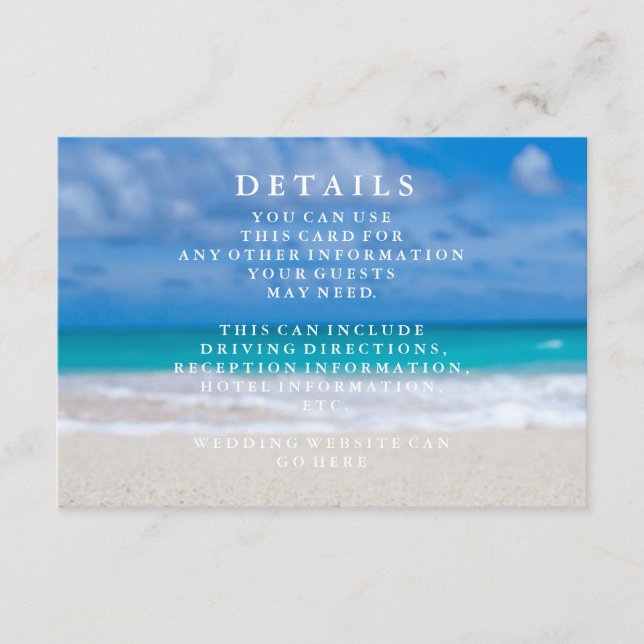 Blue Sea Waves and Sand Beach Wedding Information Enclosure Card (Front)