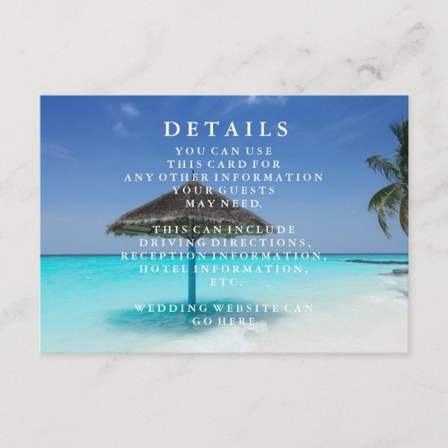 Blue Sea Waves and Sand Beach Wedding Information Enclosure Card (Front)