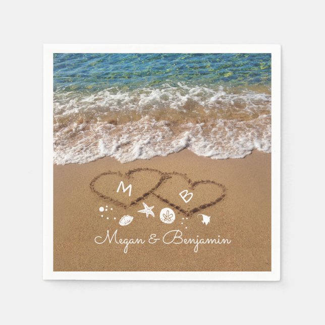 Blue Sea Waves and Sand Hearts Tropical Wedding Napkin (Front)