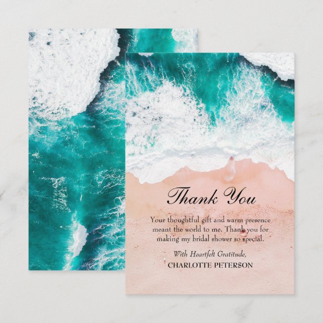 Blue Sea Waves Beach Theme Bridal Shower  Thank You Card (Front/Back)