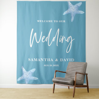 Blue Sea Wedding Welcome Sign Backdrop Tapestry