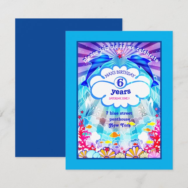  blue  sea ​​world  dolphin carrals  Invitation (Front/Back)