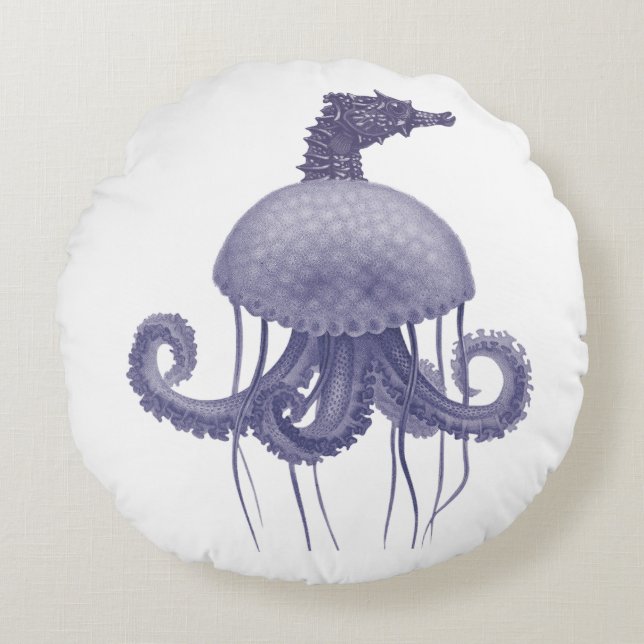 BLUE SEAHORSE JELLYFISH  ROUND CUSHION (Front)