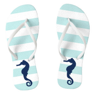 Blue Seahorse on Mint Stripes Flip Flops