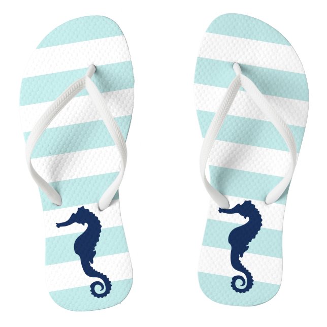 Blue Seahorse on Mint Stripes Flip Flops (Footbed)
