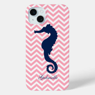 Blue Seahorse on Pink Chevrons Pattern iPhone 15 Mini Case
