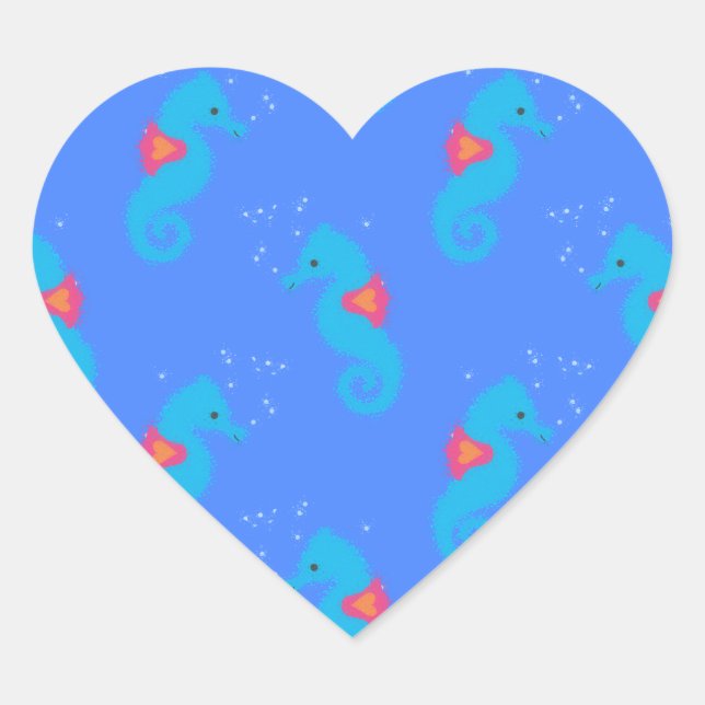 Blue Seahorse Pattern Heart Sticker (Front)
