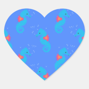 Blue Seahorse Pattern Heart Sticker
