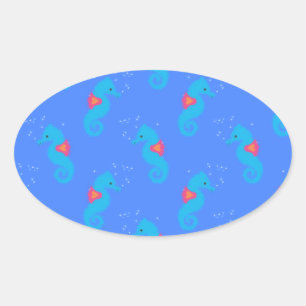 Blue Seahorse Pattern Oval Sticker