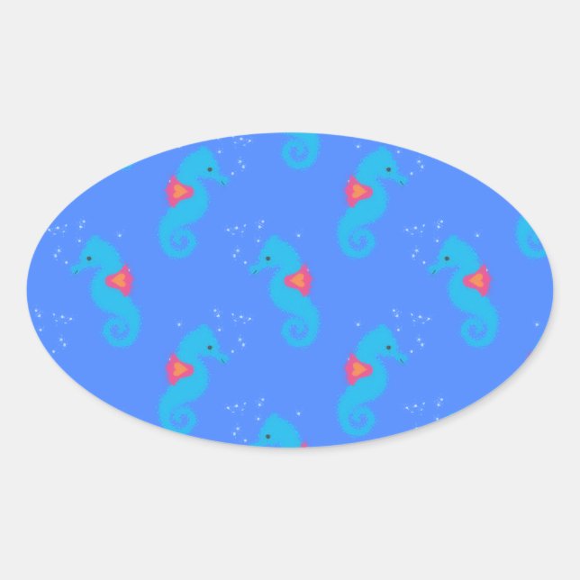 Blue Seahorse Pattern Oval Sticker (Front)