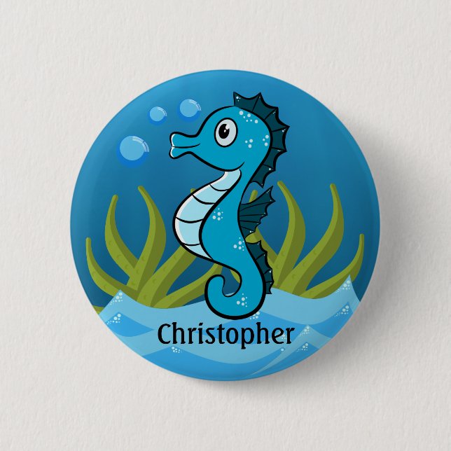 Blue Seahorse Personalised  6 Cm Round Badge (Front)