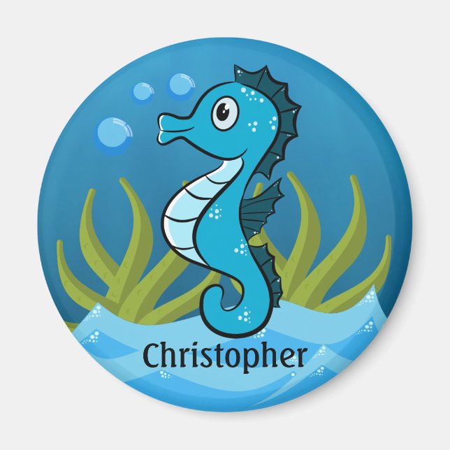 Blue Seahorse Personalised Magnet (Front)