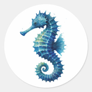 Blue Seahorse Watercolor Classic Round Sticker