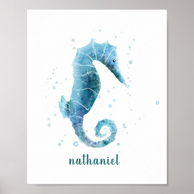 Blue Seahorse Watercolor Nautical Named Poster (Front)