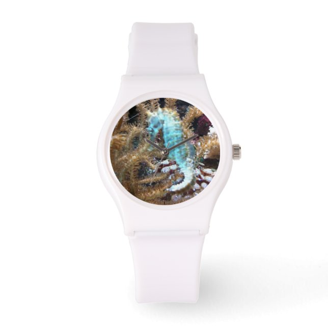 Blue Seahorse White Silicone Watch (Front)