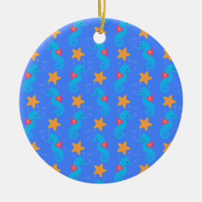 Blue Seahorses And Starfish Pattern Ceramic Tree Decoration (Front)