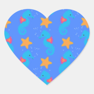 Blue Seahorses And Starfish Pattern Heart Sticker