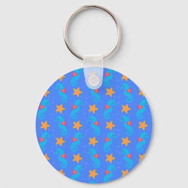Blue Seahorses And Starfish Pattern Key Ring (Front)