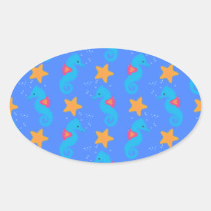 Blue Seahorses And Starfish Pattern Oval Sticker