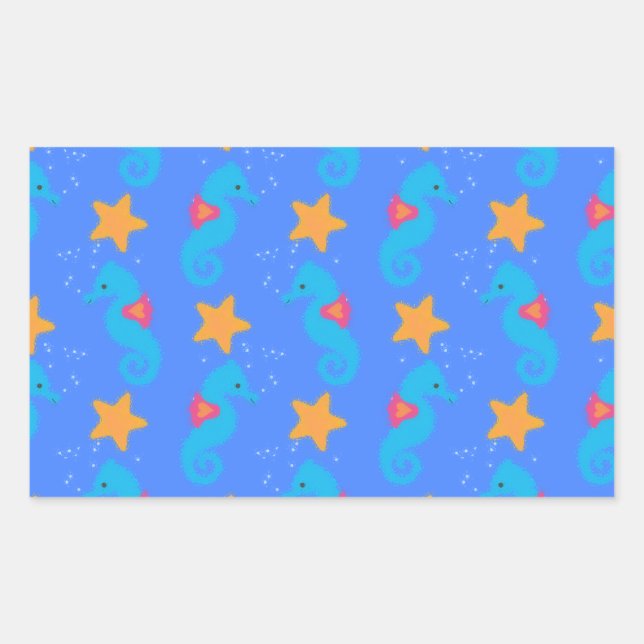 Blue Seahorses And Starfish Pattern Rectangular Sticker (Front)