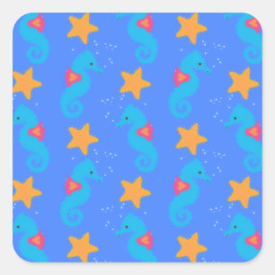 Blue Seahorses And Starfish Pattern Square Sticker