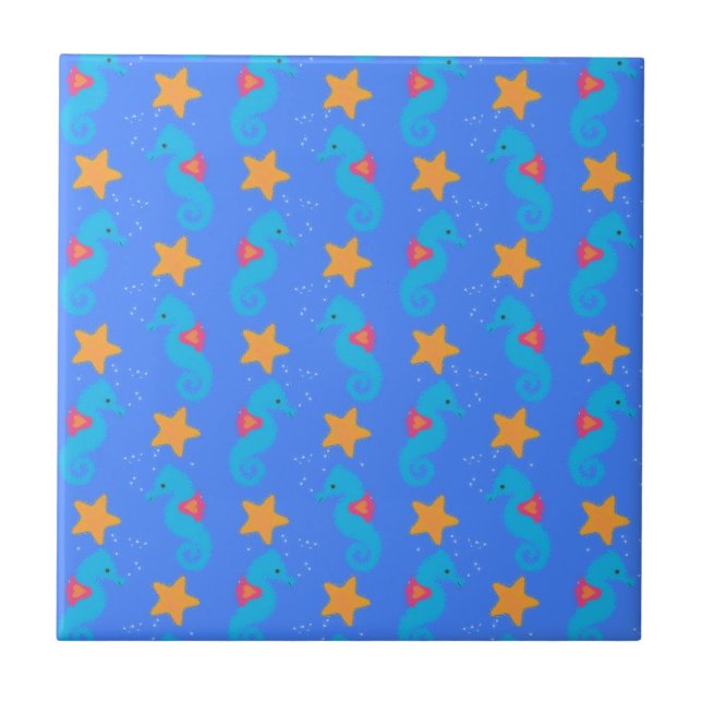 Blue Seahorses And Starfish Pattern Tile (Front)