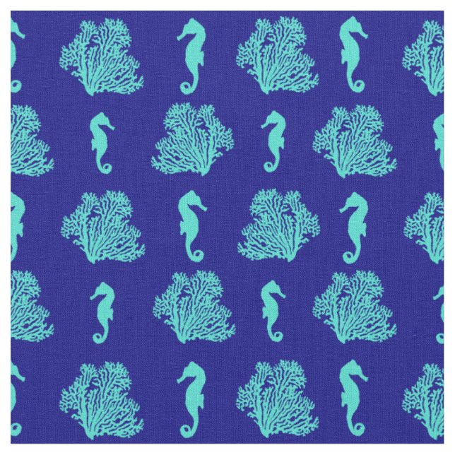 Blue Seahorses Coastal Beach Fabric (Close Up)