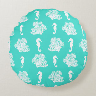 Blue Seahorses Coastal Beach Round Cushion