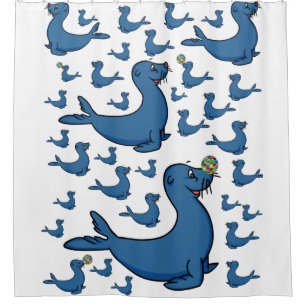 blue seals white childrens showercurtain shower curtain