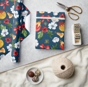 Blue Seamless Pattern Floral Christmas Season Wrapping Paper