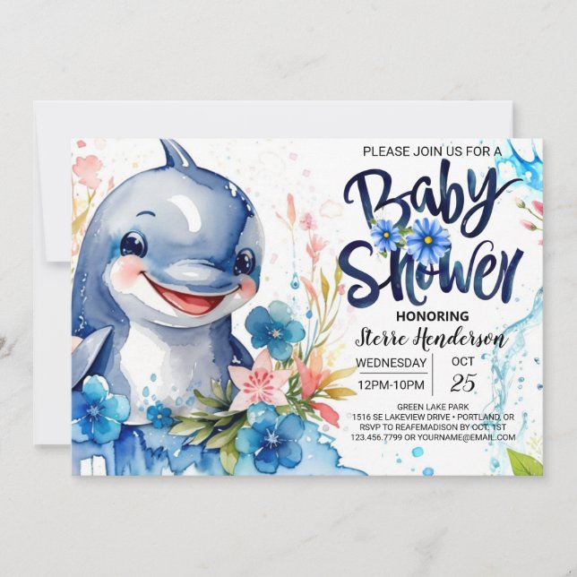 Blue Seas and Floral Dolphin Boy Baby Shower Invitation (Front)