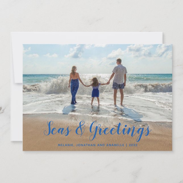 Blue Seas and Greetings  Beach Christmas Holiday Card (Front)