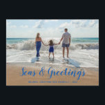 Blue Seas and Greetings  Beach Christmas Holiday Card<br><div class="desc">A clever take on the traditional holiday card features your favourite beach photo with Seas & Greetings in a modern tropical blue script . Personalise with your family name and the year.</div>