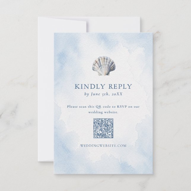 Blue Seashell Beach QR Code RSVP Card (Front)