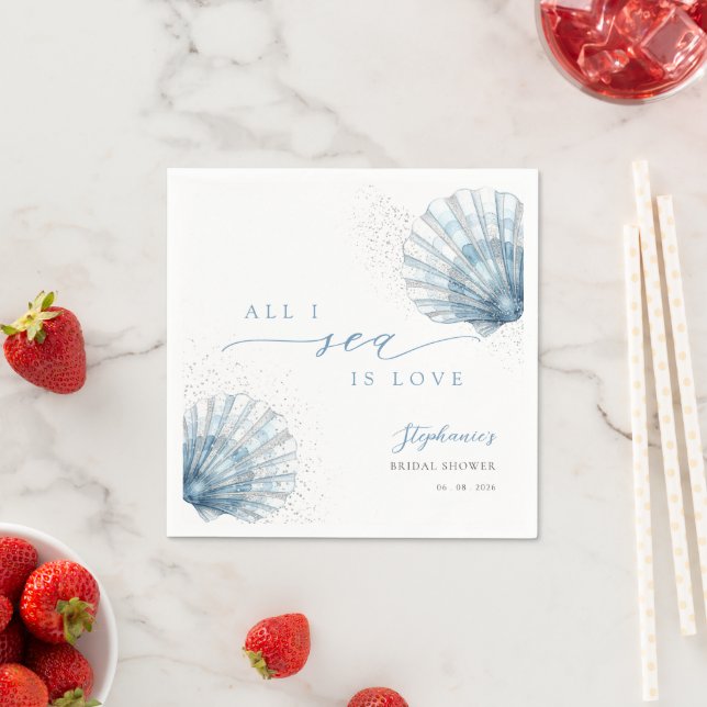 Blue Seashell Bridal Shower Paper Napkins (Insitu)