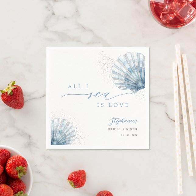 Blue Seashell Bridal Shower Paper Napkins (Insitu)