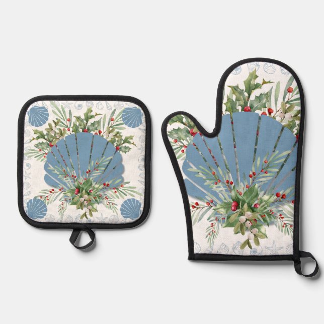 Blue Seashell Coastal Christmas Oven Mitt & Pot Holder Set (Front)