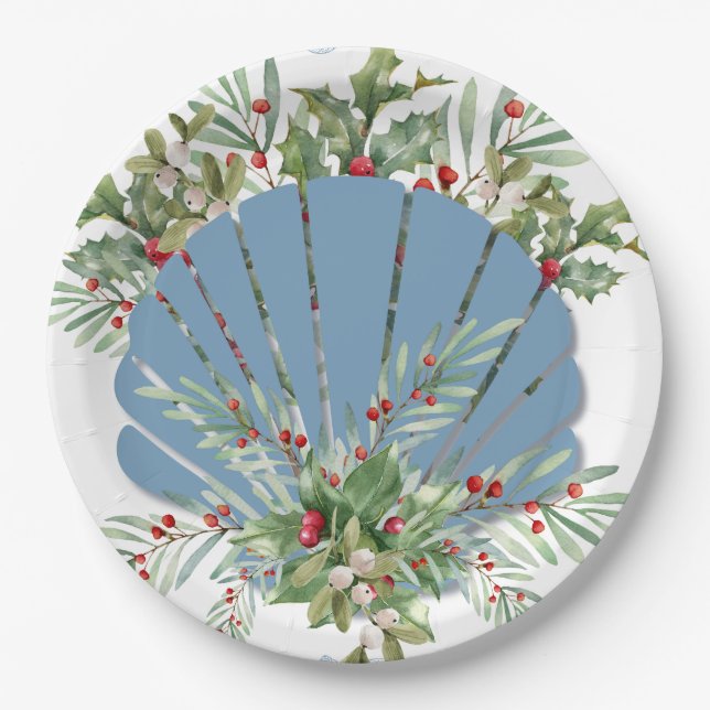 Blue Seashell Coastal Christmas Paper Plate (Front)