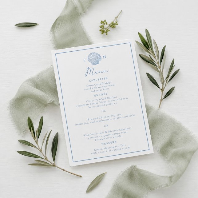 Blue Seashell Coastal Wedding Menu Card (Creator Uploaded)