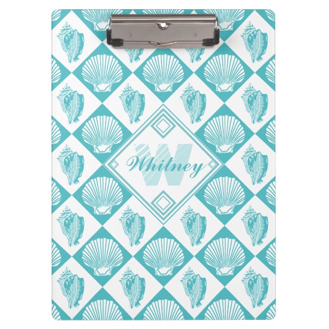 Blue Seashell Diamond Nautical Beach Monogram Clipboard (Front)