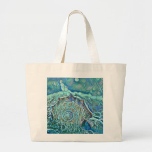 Blue seashell in the foaming sea painting large tote bag