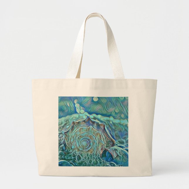 Blue seashell in the foaming sea painting  large tote bag (Front)